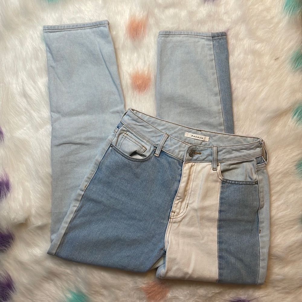 PACSUN Blue Color Block Hi Rise Straight Leg Jeans Size 25